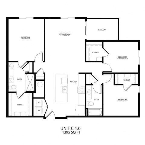 Floor plan for 3 beds, 2 baths, 1395 sqft